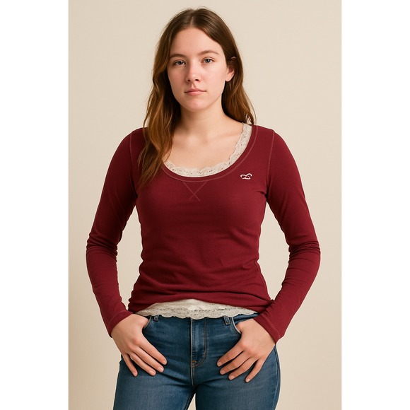 Hollister Y2K Womens Long Sleeve Top L Burgundy Scoop Neck Logo Retro 2000s - Picture 1 of 11